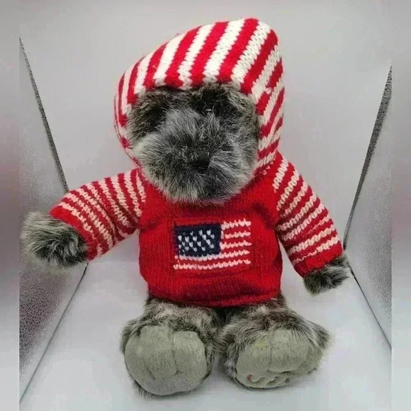 Dillars Grey Teddy Bear Patriotic USA Knitted Sweater Hoodie Soft Faux Fur - Picture 1 of 10